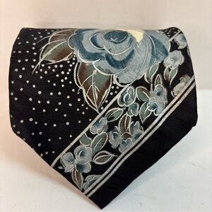 Chez Roffé 100% Silk Tie Black Floral Rose Polka Dot Hand Finished USA 60x4